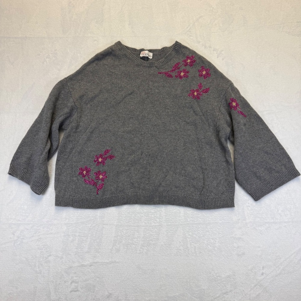 RED Valentino Gray Wool Cashmere Blend Floral Embroidered Sweater Womens Small